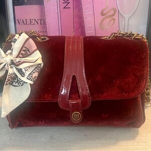 Steve Madden Burgundy Velvet Three Way Carry Bag with Gold Chain Accent and Bow